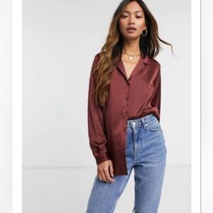ASOS burgundy satin long sleeve button down top